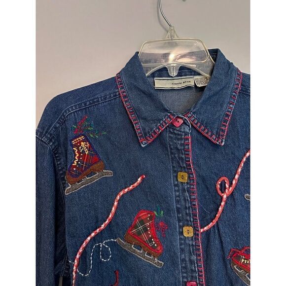 Carrie Allen Ice Skate All Over Embroidered Denim Shirt Jacket Shacket Womens XL - Picture 5 of 8